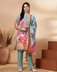 Floral Linen Kurta Set with Mirror Embroidery & Printed Muslin Dupatta