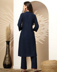 Kashmiri Embroidered Blue Linen Kurta Set with Palazzo