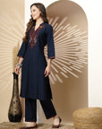 Kashmiri Embroidered Blue Linen Kurta Set with Palazzo