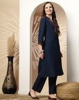 Kashmiri Embroidered Blue Linen Kurta Set with Palazzo
