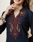 Kashmiri Embroidered Blue Linen Kurta Set with Palazzo