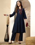 Kashmiri Embroidered Blue Linen Kurta Set with Palazzo