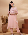 Solid A-Line Georgette Kurta Set with Thread Embroidery & Chiffon Dupatta