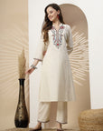 Kashmiri Embroidered Ivory Linen Kurta Set with Palazzo