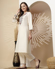 Kashmiri Embroidered Ivory Linen Kurta Set with Palazzo