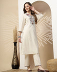 Kashmiri Embroidered Ivory Linen Kurta Set with Palazzo