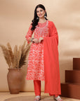 Paisley Printed Straight Cambric Kurta Set with Thread Embroidery and Laced Dupatta