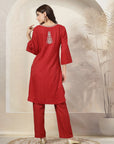 Solid A-Line Poly Viscose Kurta & Palazzo Set with Ethnic Embroidery