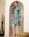 Floral High-Low Shirt Collar Kurta with Sequin Detail & 3/4th Sleeves