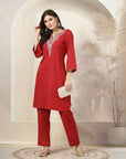 Solid A-Line Poly Viscose Kurta & Palazzo Set with Ethnic Embroidery