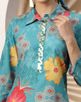 Floral High-Low Shirt Collar Kurta with Sequin Detail & 3/4th Sleeves