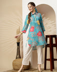 Floral High-Low Shirt Collar Kurta with Sequin Detail & 3/4th Sleeves