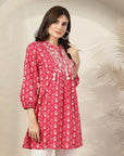 Ethnic Printed Flared Cotton Cambric Top with Lakhnavi Embroidery
