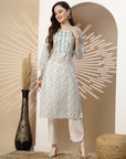 Abstract Printed Straight Kurta Set with Embroidery & Palazzo