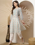 Abstract Printed Straight Kurta Set with Embroidery & Palazzo