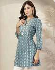 Ethnic Printed Flared Cotton Cambric Top with Lakhnavi Embroidery