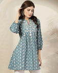 Ethnic Printed Flared Cotton Cambric Top with Lakhnavi Embroidery