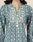 Ethnic Printed Flared Cotton Cambric Top with Lakhnavi Embroidery
