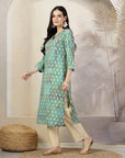 Ethnic Motifs Printed A-Line Chanderi Kurta Set with Palazzo