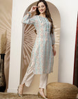 Abstract Printed Straight Kurta Set with Embroidery & Palazzo