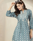 Ethnic Printed Flared Cotton Cambric Top with Lakhnavi Embroidery