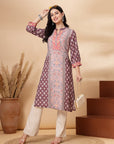 Placement Printed Straight Crepe Kurta with Sewroskie Work