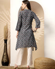 Geometric Printed A-Line Poly Muslin Kurta with Embroidery