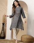 Geometric Printed A-Line Poly Muslin Kurta with Embroidery