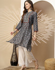 Geometric Printed A-Line Poly Muslin Kurta with Embroidery
