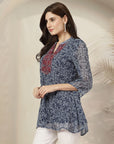 Floral Printed Poly Chiffon Straight Top with Embroidery