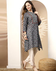 Geometric Printed A-Line Poly Muslin Kurta with Embroidery