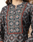 Geometric Printed A-Line Poly Muslin Kurta with Embroidery