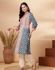 Placement Printed Straight Crepe Kurta with Sewroskie Work