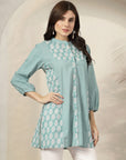 Ethnic Printed Straight Cotton Cambric Kurti with Print Patch