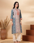 Placement Printed Straight Crepe Kurta with Sewroskie Work