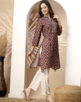 Geometric Printed A-Line Poly Muslin Kurta with Embroidery