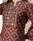 Geometric Printed A-Line Poly Muslin Kurta with Embroidery