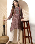 Geometric Printed A-Line Poly Muslin Kurta with Embroidery