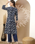 Floral Printed A-Line Cotton Kurta Set with Embroidery & Laced Sleeves