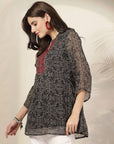 Floral Printed Poly Chiffon Straight Top with Embroidery