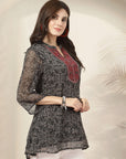 Floral Printed Poly Chiffon Straight Top with Embroidery