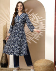 Floral Printed A-Line Cotton Kurta Set with Embroidery & Laced Sleeves