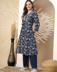 Floral Printed A-Line Cotton Kurta Set with Embroidery & Laced Sleeves