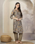 Floral Printed A-Line Chanderi Kurta Set with Palazzo