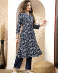 Floral Printed A-Line Cotton Kurta Set with Embroidery & Laced Sleeves