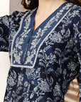 Floral Printed A-Line Cotton Kurta Set with Embroidery & Laced Sleeves