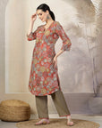 Floral Printed A-Line Chanderi Kurta Set with Palazzo