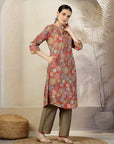 Floral Printed A-Line Chanderi Kurta Set with Palazzo