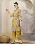 Floral Printed A-Line High Low Chanderi Kurta Set with Embroidery