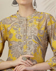 Floral Printed A-Line High Low Chanderi Kurta Set with Embroidery